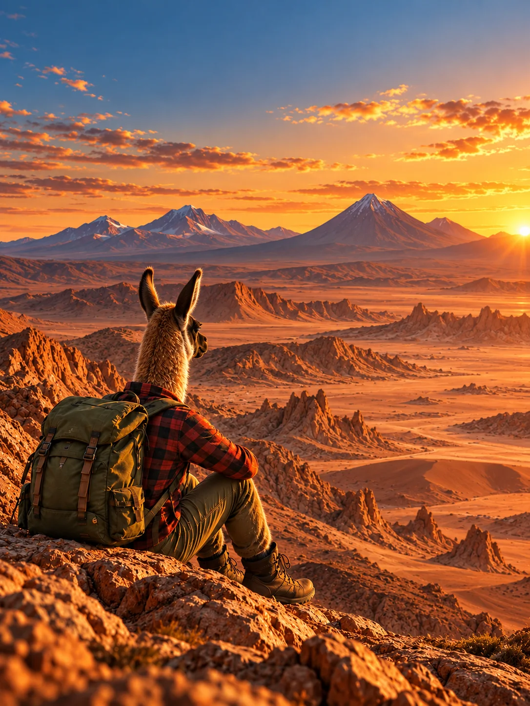 Illustrated Atacama landscape with guanaco